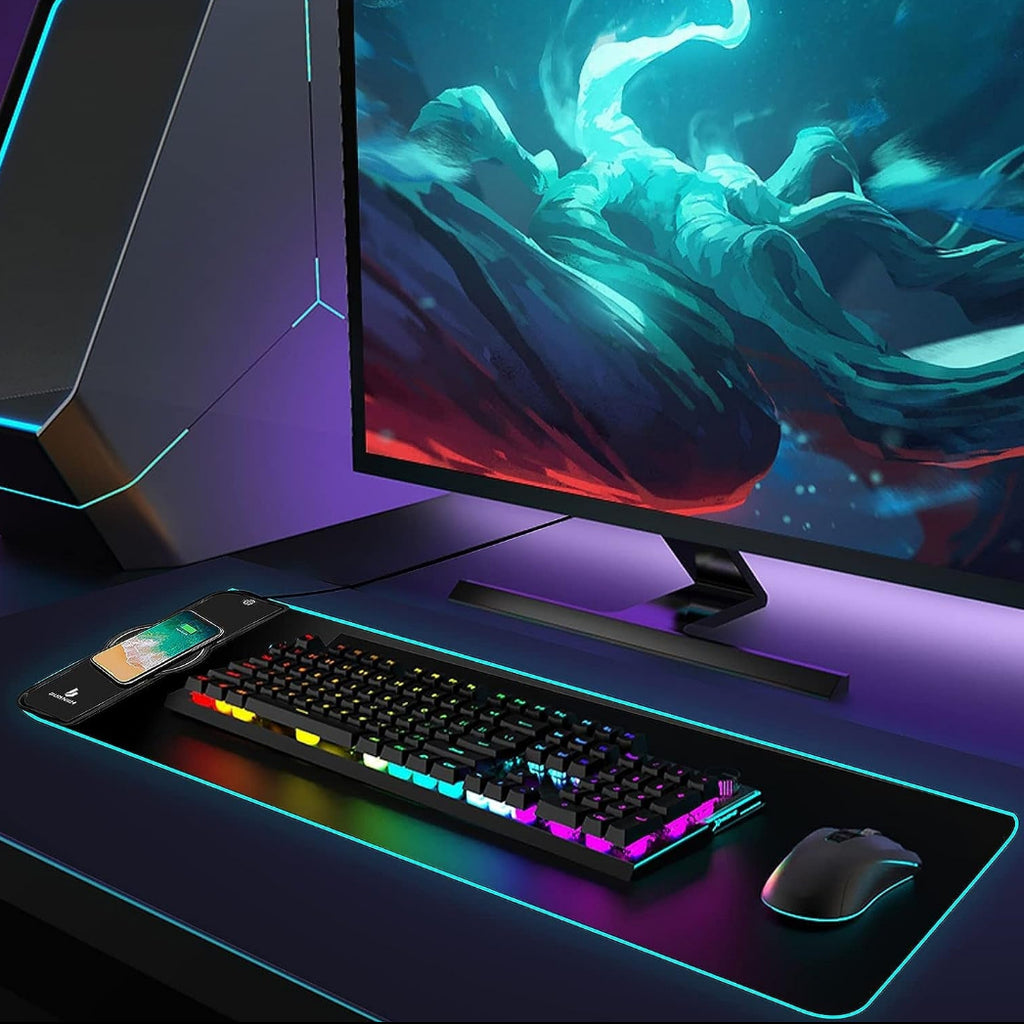 RGB Gaming Mouse Pad with 15W Wireless Charging, Extended Desk Mat 31.5 x 11.8 Inch, LED Mouse Pad with 10 Lighting Modes, Non-Slip Base for Keyboard, Mouse